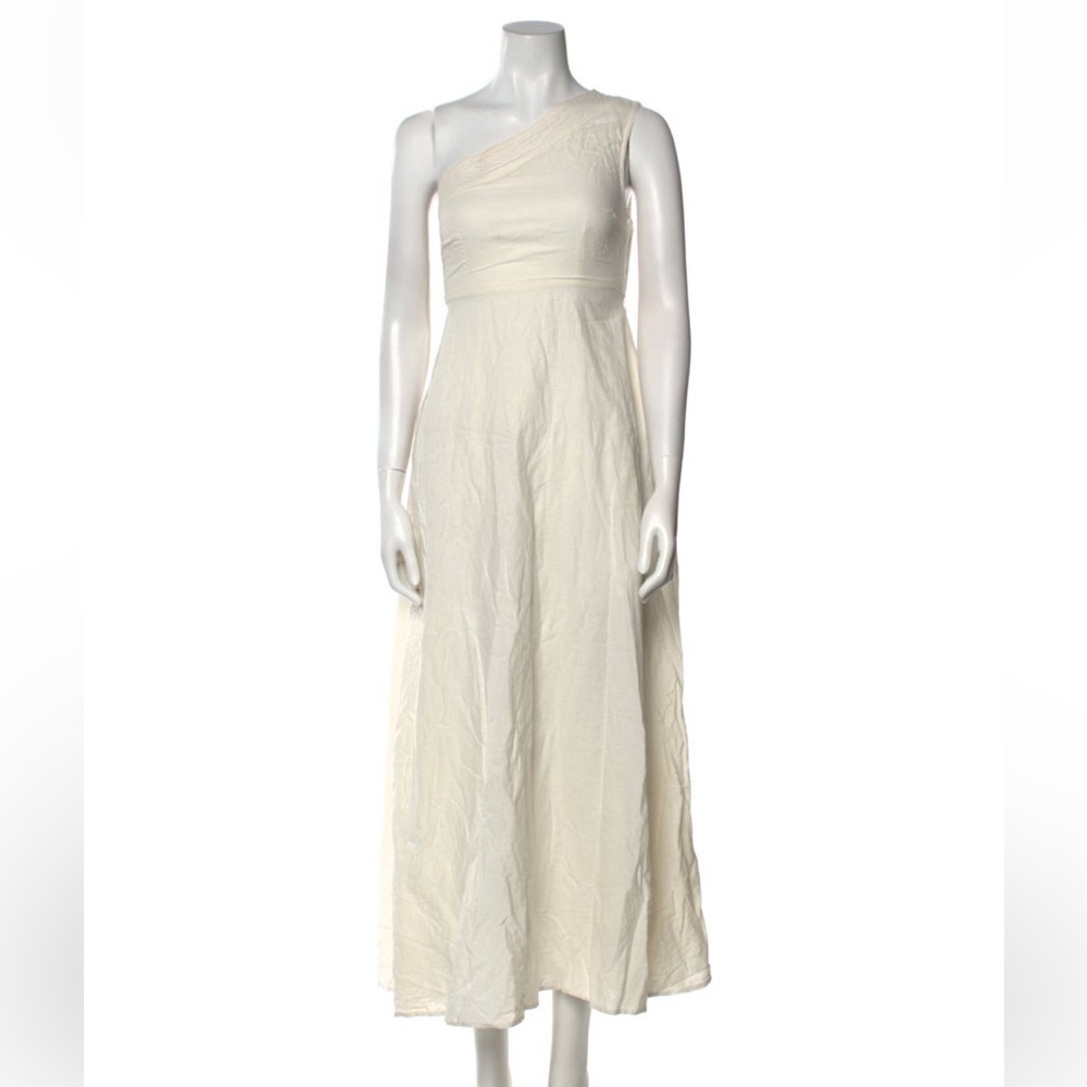Farm Rio Anthropologie One Shoulder Maxi Beige Linen Dress XS Petite LOVE ❤️🌈